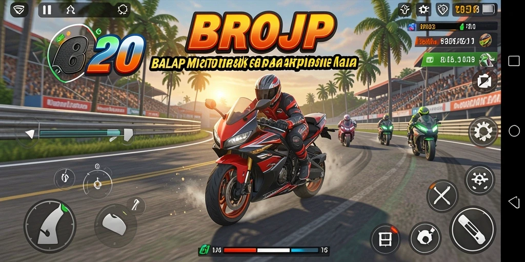 Screenshot gameplay BROJP saat balapan motor yang mendebarkan.