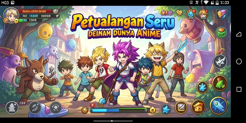 Tangkapan layar gameplay H03 yang menampilkan karakterAnime dan pertarungan seru.