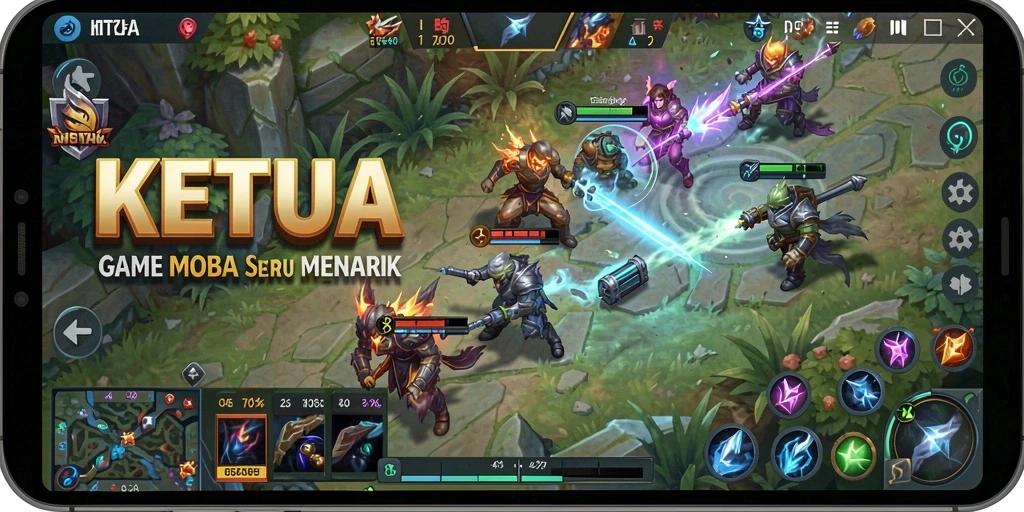 Screenshot KETUA menampilkan aksi intens dalam pertempuran MOBA.