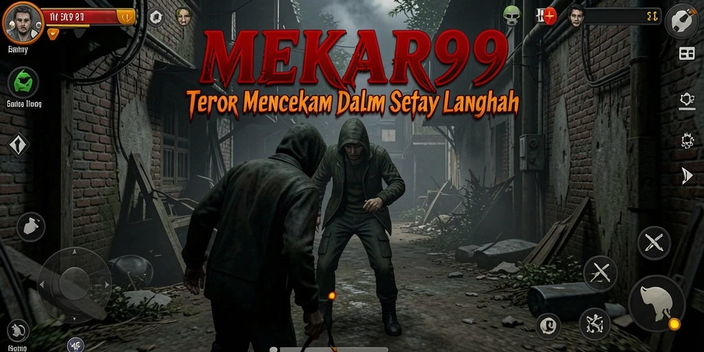 Screenshot gameplay MEKAR99 menampilkan atmosfer menyeramkan dan tantangan yang mencekam.