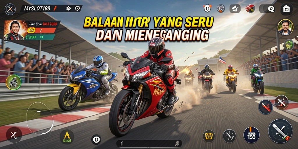 Screenshot gameplay MYSLOT188 menampilkan balapan motor yang mendebarkan.