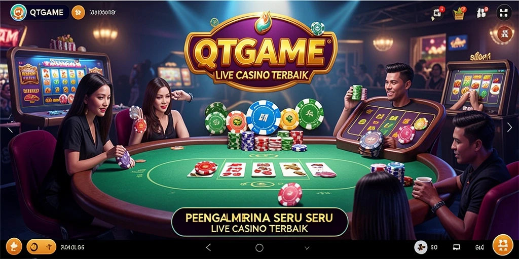 Screenshot gameplay QTGAME yang menunjukkan dealer langsung dan suasana kasino.