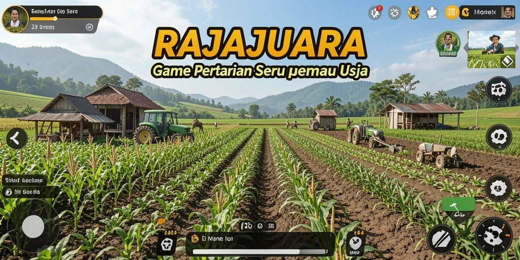 Tampilan gameplay RAJAJUARA dengan lahan pertanian yang subur dan hewan ternak.
